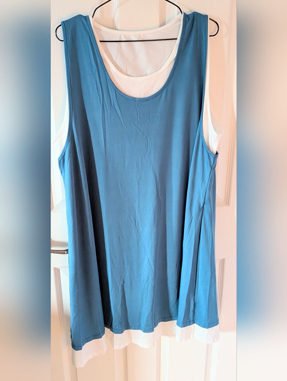 Sleeveless Teal Blue Layered Tunic with White Trim